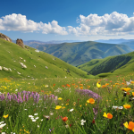 **

Prompt: A vibrant panoramic view of Anzer Plateau in the Eastern Black Sea region of Turkey. Wildflowers, especially endemic species, are in full bloom, creating a colorful tapestry across the landscape. Rolling green hills rise towards distant mountains. A clear blue sky with fluffy clouds completes the idyllic scene. Focus on capturing the beauty and tranquility of the plateau. Style: Photorealistic, vibrant colors.

**