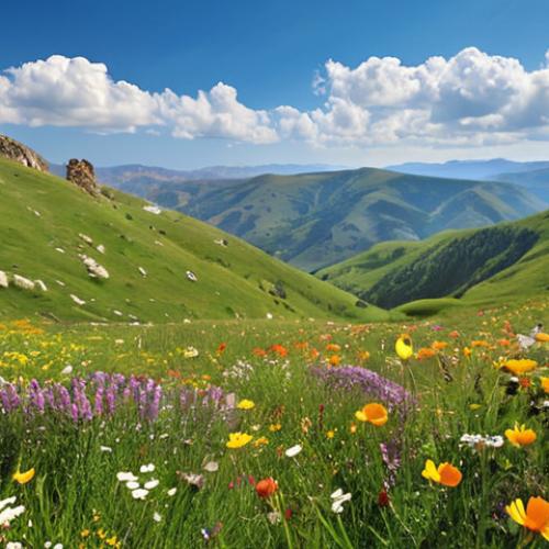 **

Prompt: A vibrant panoramic view of Anzer Plateau in the Eastern Black Sea region of Turkey. Wildflowers, especially endemic species, are in full bloom, creating a colorful tapestry across the landscape. Rolling green hills rise towards distant mountains. A clear blue sky with fluffy clouds completes the idyllic scene. Focus on capturing the beauty and tranquility of the plateau. Style: Photorealistic, vibrant colors.

**